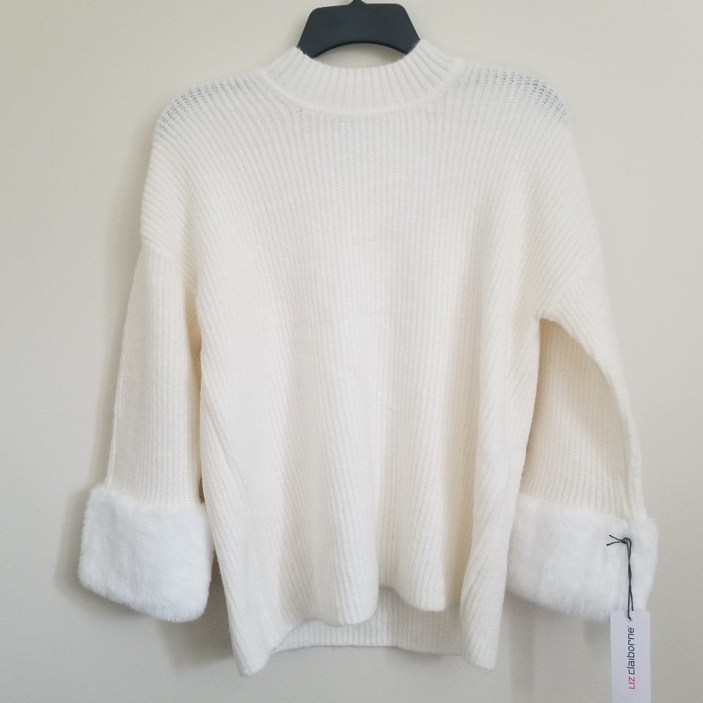 Cream Mock Neck Knitted Sweater with faux fur sleeve cuffs
